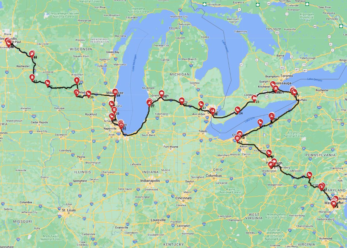 Motorhome road trip with an RV from Washington DC to Minneapolis